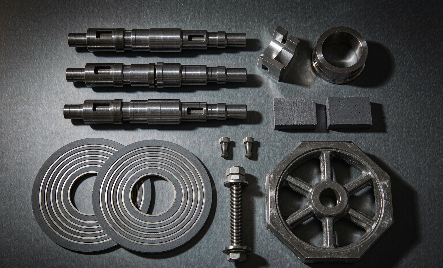 Valve stems, spiral wound gaskets, bolting, packing rings and a handwheel laid out on a steel bench